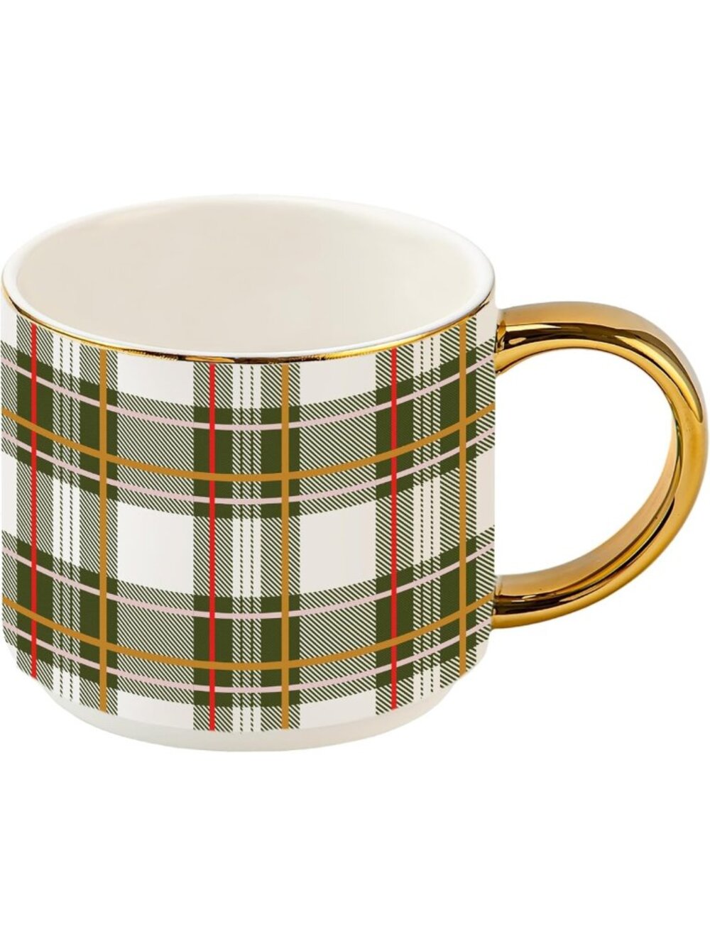 Green Plaid Coffee Mug 14oz - China Holiday Cup with Gold Handle, Perfect Gift